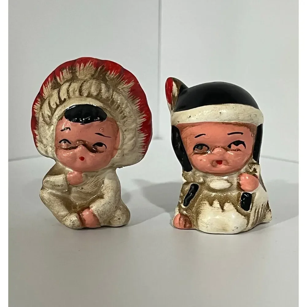 Vtg Japan Native American Salt‎ Pepper Shaker Set Teepee Tray Kitsch Southwest